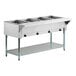 A stainless steel four-pan electric hot food table with an undershelf and sealed wells.