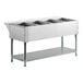 A stainless steel four-pan electric hot food table with an undershelf and sealed wells.