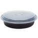 A black Pactiv plastic container with a clear plastic lid.