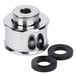 A chrome plated metal hex swivel with two rubber washers on a table.