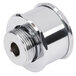 A chrome-plated hex swivel with a hole in it.