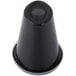A black oval plastic souffle cup with a black lid.