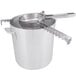 A stainless steel pot with the AllPoints Strainer Boss Stabilizing Cradle attached.