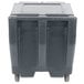 A black plastic container with wheels.