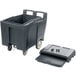 A large black plastic container with wheels and a sliding lid.