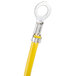 A yellow cable with a round metal ring.