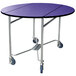 A Lakeside round room service table with a purple finish and wheels.