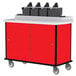 A red Lakeside condiment cart with black and white accents.