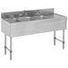 A stainless steel Advance Tabco underbar sink with three compartments and a drainboard.