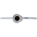 A close-up of a silver metal flat beater with a black handle.