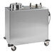 A stainless steel enclosed heated plate dispenser cart with two stacks for 8 1/4 to 9 1/8 inch plates.