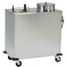 A large silver stainless steel Lakeside heated two stack plate dispenser with a lid.