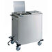 A stainless steel Lakeside heated pellet dispenser with wheels.