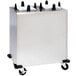 A Lakeside stainless steel enclosed non-heated plate dispenser for square plates on black wheels.