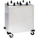 A Lakeside stainless steel enclosed plate dispenser for square plates on black wheels.