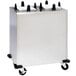 A Lakeside stainless steel enclosed two stack plate dispenser with black wheels.