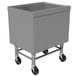 An Advance Tabco stainless steel ice bin on a gray mobile cart.