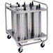 A Lakeside stainless steel plate dispenser cart with four silver cylinders.