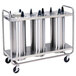 A Lakeside stainless steel three stack plate dispenser on a cart.