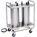 A Lakeside stainless steel cart with two metal plate dispensers.