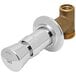 A close-up of a T&S chrome plated concealed straight valve with a brass finish and a metal push button.