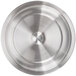 A close-up of a circular stainless steel lid with a handle.