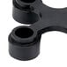 Two black plastic connectors for floor mats with holes in them.