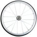 A white bicycle wheel with spokes.