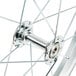 A close-up of a wheel with spokes.