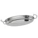 A silver oval Vollrath Miramar au gratin dish with handles.