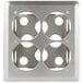 A stainless steel metal box with four holes.