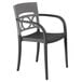 A charcoal gray Grosfillex plastic armchair with a curved back.