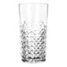 A clear 14 oz. beverage glass with a textured, diamond-patterned lower half.