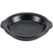 A black round Hall China au gratin dish with handles.