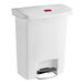 A white Rubbermaid plastic step-on trash can.