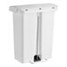 A white Rubbermaid Slim Jim front step-on trash can with a black lid and step pedal.