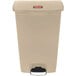 A tan Rubbermaid plastic rectangular trash can with a step-on lid.