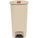 A beige Rubbermaid Slim Jim rectangular trash can with a black foot pedal and lid.