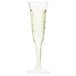 A Fineline clear plastic champagne flute with a white liquid in it.