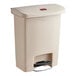 A beige plastic Rubbermaid Slim Jim wastebasket with a black handle.