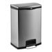 A close-up of a Rubbermaid stainless steel step-on trash can with black accents.