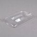 A clear plastic Carlisle lid with a handle and spoon notch.