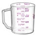 A clear polycarbonate measuring cup with a purple handle and purple measurement markings.