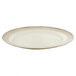 A white oval melamine platter with a brown crackle-finished border.