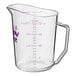 A clear Cambro measuring cup with purple lettering.