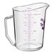 A clear Cambro measuring cup with purple text that reads "Allergen-Free"