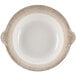 A white melamine bowl with a crackle-finished brown rim and side handles.