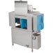 A stainless steel Noble Warewashing conveyor dishwasher with blue curtains.