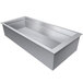 A rectangular metal tub with a drain.