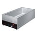 A Hatco countertop food warmer with a stainless steel cover over a rectangular silver container with a black and red knob.